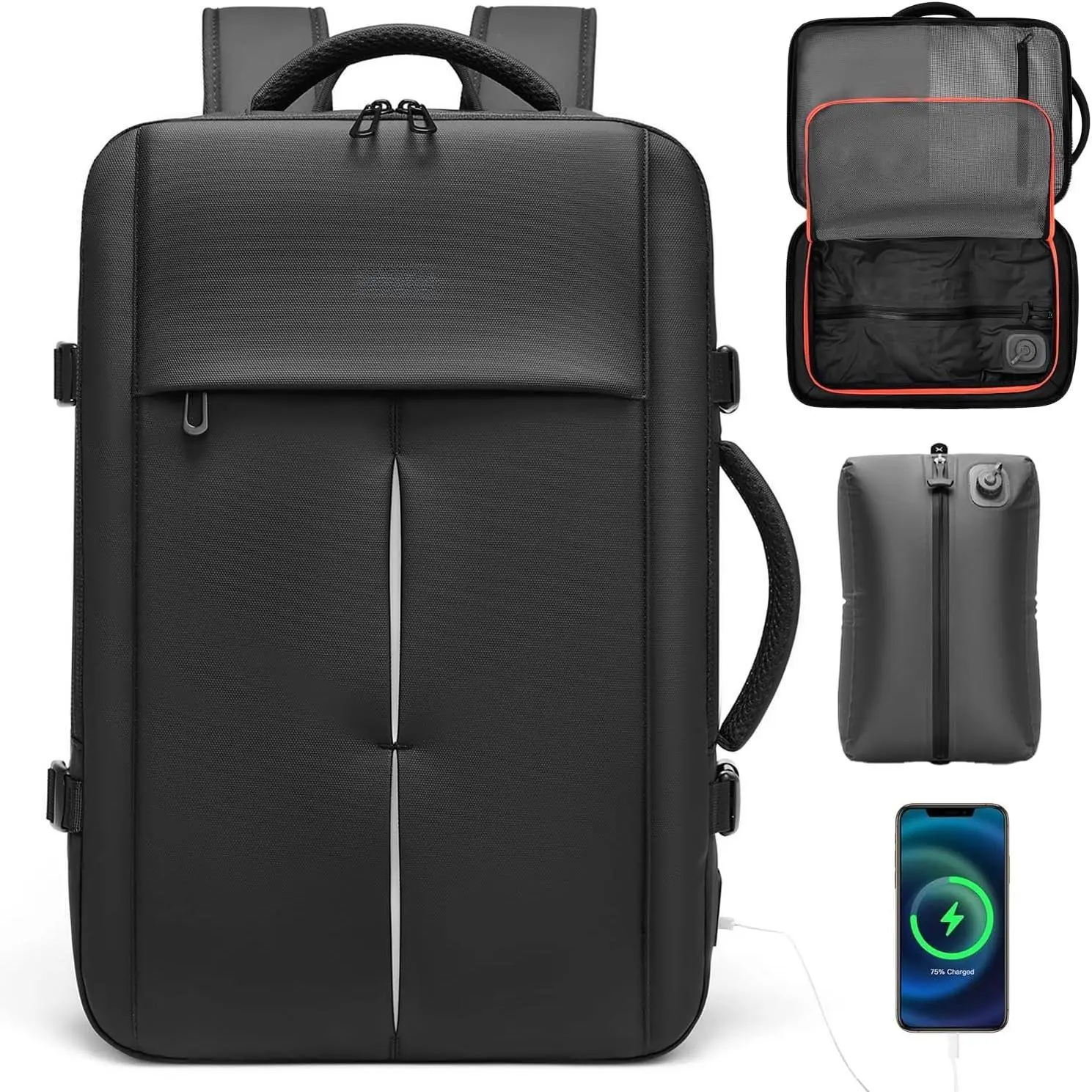 Vacuum Compression Travel Backpack with 20L Auto Vacuum Bag | 25–40L expandable travel backpack with 20L rechargeable auto-vacuum bag, laptop storage and no separate pump required.