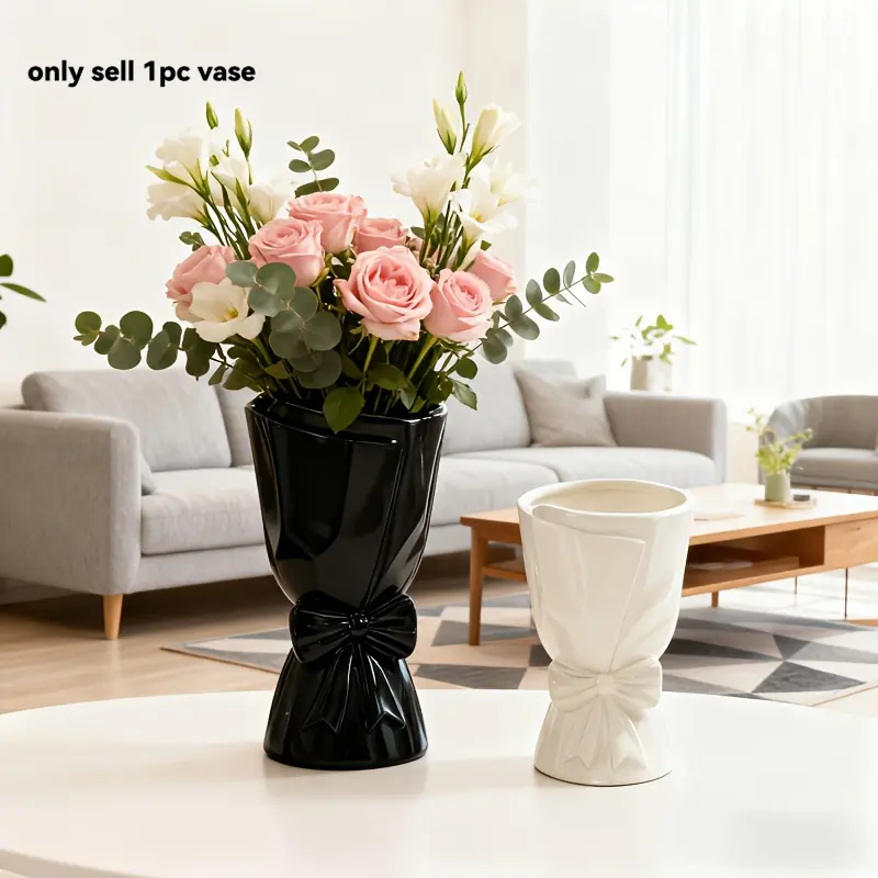 Romantic Bow-knot Pleated Plastic Flower Vase, Decorative Vase, Minimalist White Bouquet Shaped Decor Vase, Easy Clean Lightweight Floral Container for Rose Small Bouquets, Modern Tabletop Centerpiece Ornament, Home Decor for Bedroom Living Room