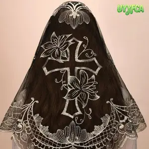 Triangle Catholic Cross Floral Embroidered Lace Mantilla Veil,Elegant Traditional Spanish Sheer Mesh Church Head Covering with Scalloped Edge, Soft Lightweight Chapel Veil for Sunday Mass Wedding Religious Events Devotional Gift,Boho knotless braids
