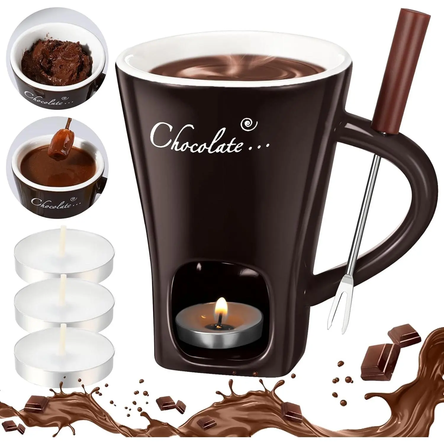 Chocolate Fondue Mug with Fork and Candle Sweet Ceramic Personal Chocolate Melting Cup Ideal Gifts for Birthday Date Night Wedding (Brown)