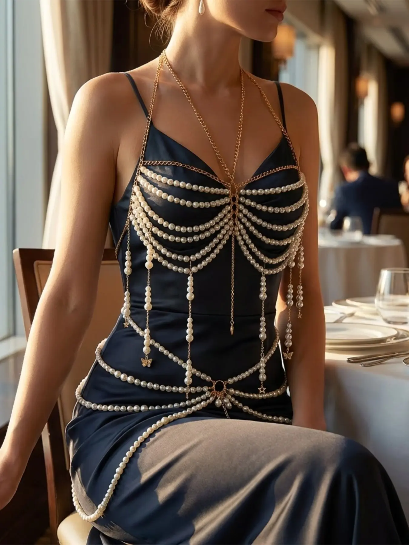 Alloy Chain Multi-Layer Pearl Body Jewelry, Boho Fairy Style Pendant Fringe Chest Chain, Dual Layer Waist Chain Design, Sexy Beach Party