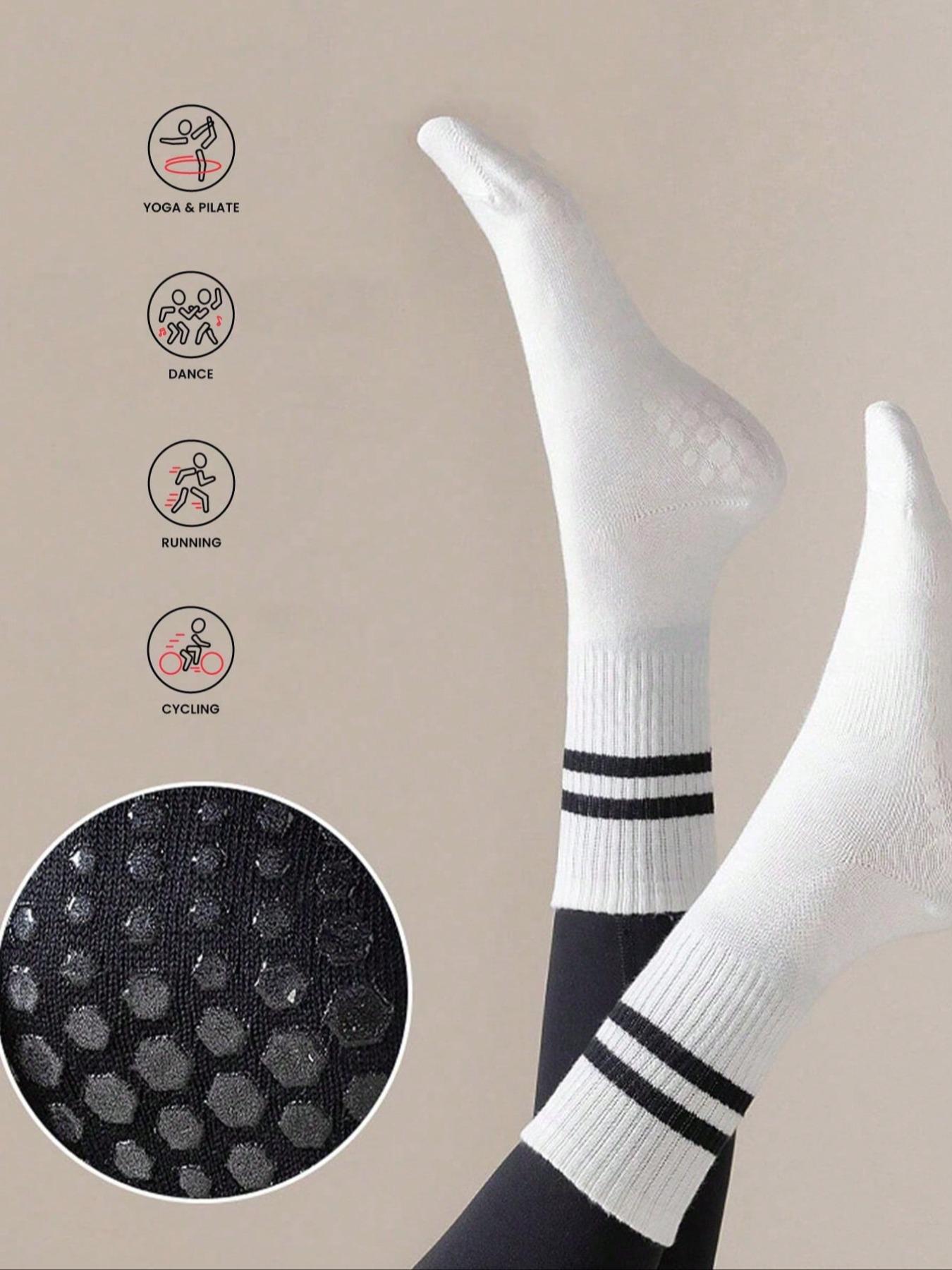 Women's Anti-Slip Socks for Yoga Pilates Gymnastics, Breathable Sweat-Absorbing Mid-Calf Socks, Grip Sports Socks, Sporty Plain Design, All Seasons Wear