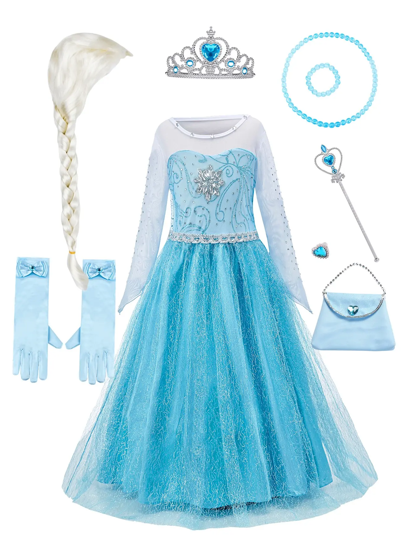 9-Piece Set, Girls Ice Blue Sheer Mesh Long Sleeve Princess Ball Gown, Heavy Rhinestone Snowflake Bodice Silver Glitter Tulle Maxi Dress, Complete Cosplay Set with Braid Wig Tiara Handbag Jewelry Gloves for Halloween Party