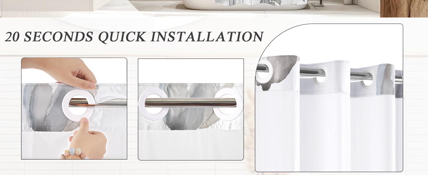 No Hook Shower Curtain and Liner Set, Blue and Grey Boho Floral Shower Curtains for Bathroom, Watercolor Flower Waterproof Bathroom Curtain Sets with Snap in Liner,