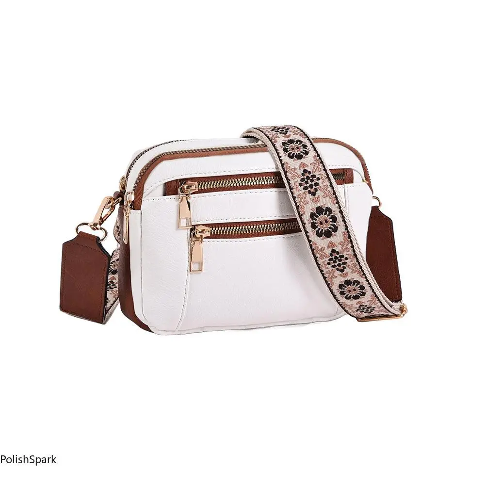 Women's Lightweight Plain Boho Crossbody Bag - PU Leather Casual Camera Purse with Patterned Wide Guitar Strap and Multiple Pockets, Boho Crossbody Bags, Multi-Compartment, Bohemian Casual Purse, Messenger Bag