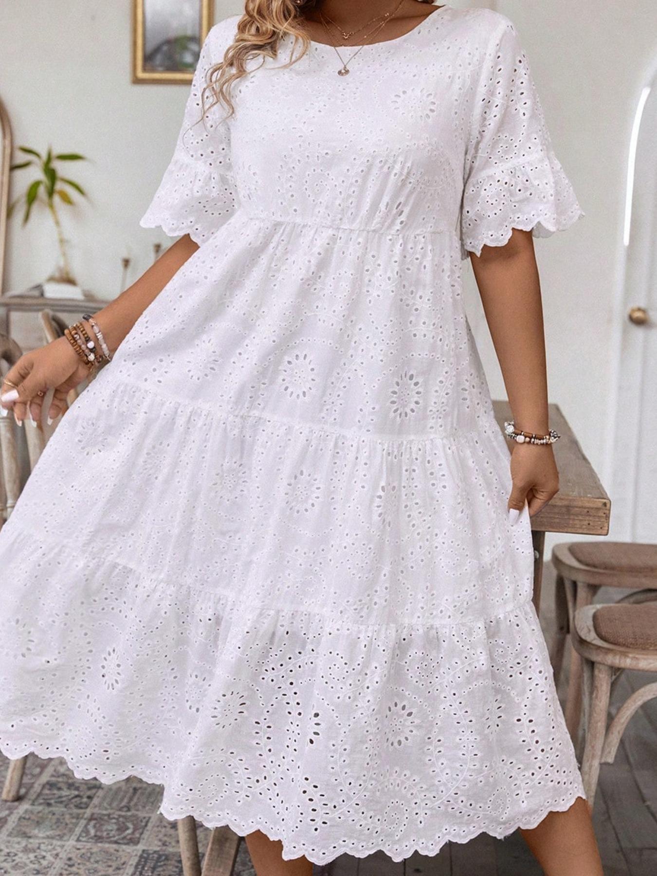 【Plus Size】 Plain Eyelet Embroidery Dress, Boho Fashion Round Neck Dress for Daily Holiday Vacation Wear, Women Plus Clothing for Summer