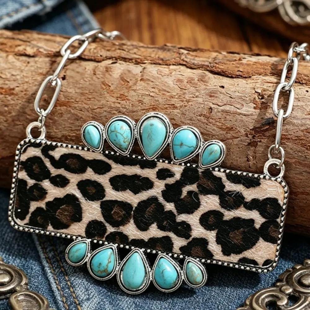 Female Bag Charm Accessory - Women's Vintage Boho-Western Alloy Metal Long Chain Necklace, Leopard Print Faux Turquoise Pendant, Southwestern Ethnic Festival Outfit Statement Jewelry, Turquoise Jewelry, Geometric, All-Day Wear, Antique Silver-Toned, Anima