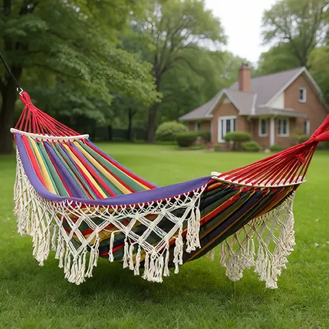 2-Person Outdoor Hammock Swing for Adults, Nylon Fishtail Weave, Extra-Thick Canvas, Wooden Spreader Bars, Anti-Rollover Design, Portable Storage Bag for Camping, Patio, Garden Use
