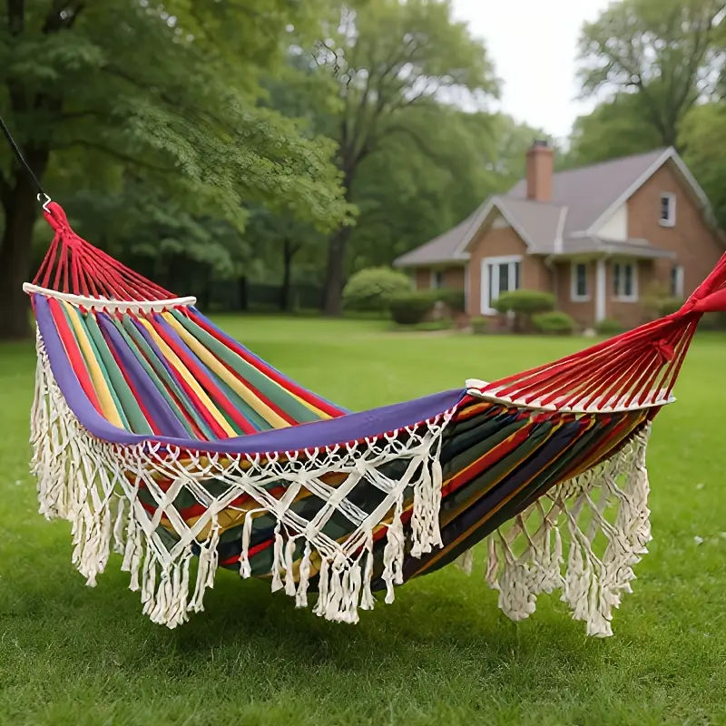 2-Person Hanging Hammock Swing, Extra-Thick Canvas Outdoor Portable Hammock with Wooden Spreader Bars, Fishtail Weave, Storage Bag for Patio, Garden