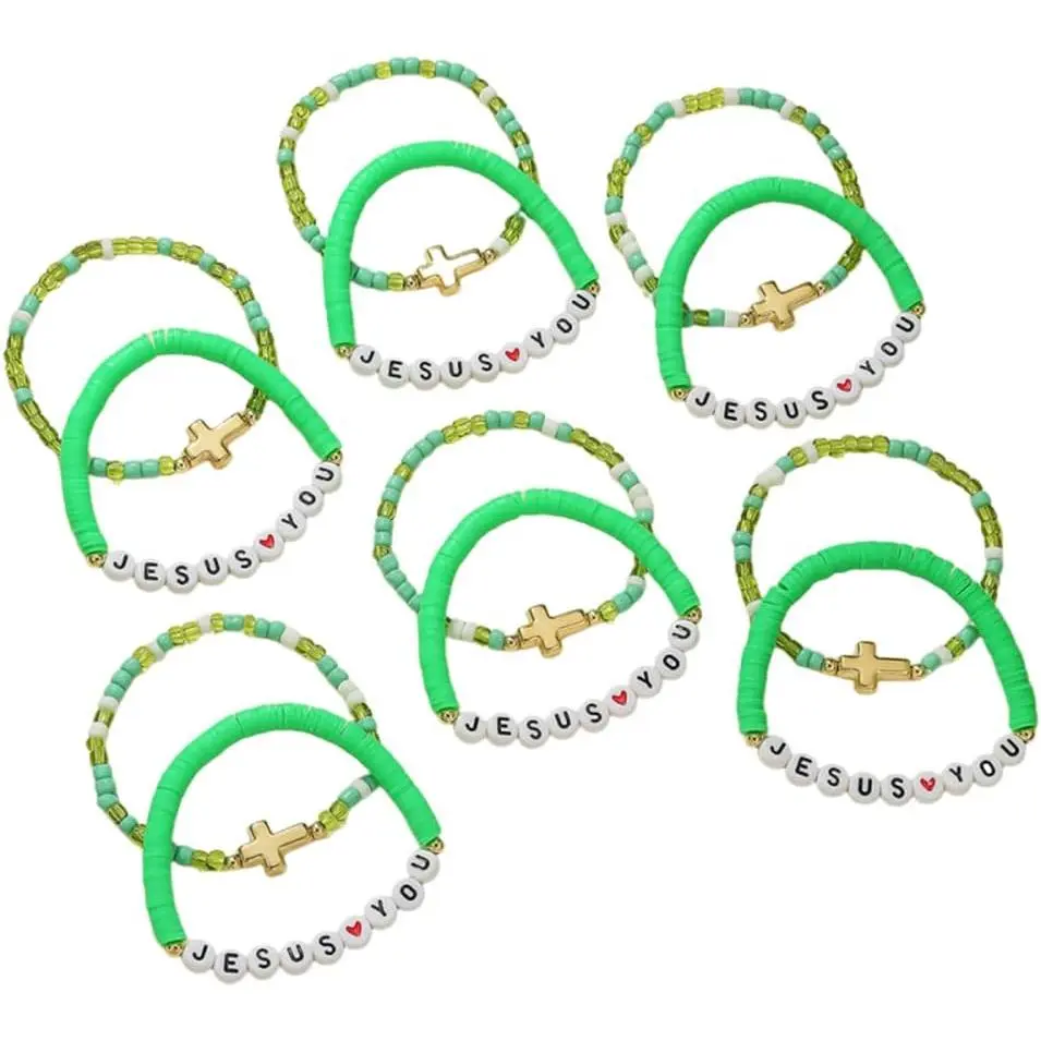 Loves You Beaded Bracelets for Women 4 count/Set Colorful Clay Bead Stretch Bracelets, Religious Christian Faith  Gifts for Church Baptism Birthday