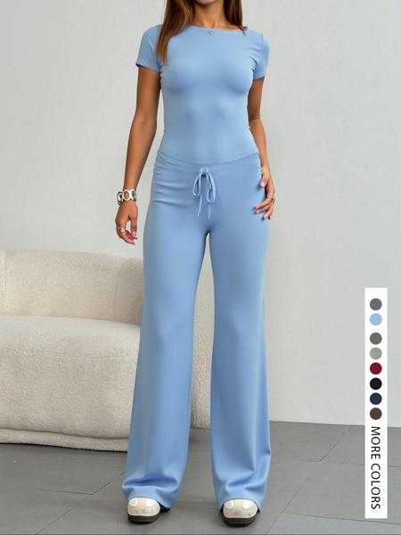 Two-piece Set Women's Solid Top & Pants, Elegant Fashion Casual Set for Daily Outdoor Wear, Women Clothes for Summer,Two-piece Set Women's Solid Top & Pants, Elegant Fashion Casual Set for Daily Outdoor Wear, Women Clothes for Summer,Airport Outfit