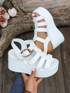 Summer New Women's Braided Hollow Out Sandals, Thick Sole Height Increase Anti-Slip Shoes, Suitable for Outdoor Wear