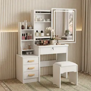 Elegant White Makeup Vanity Desk with Sliding LED Mirror, Touch Control 3-Color Dimmable Lights, 4 Drawers Dressing Table with Stool & Storage Shelves, Space Saving Cosmetic Vanity Table for Bedroom, Ideal Gift for Women Girls Birthday Home Decor