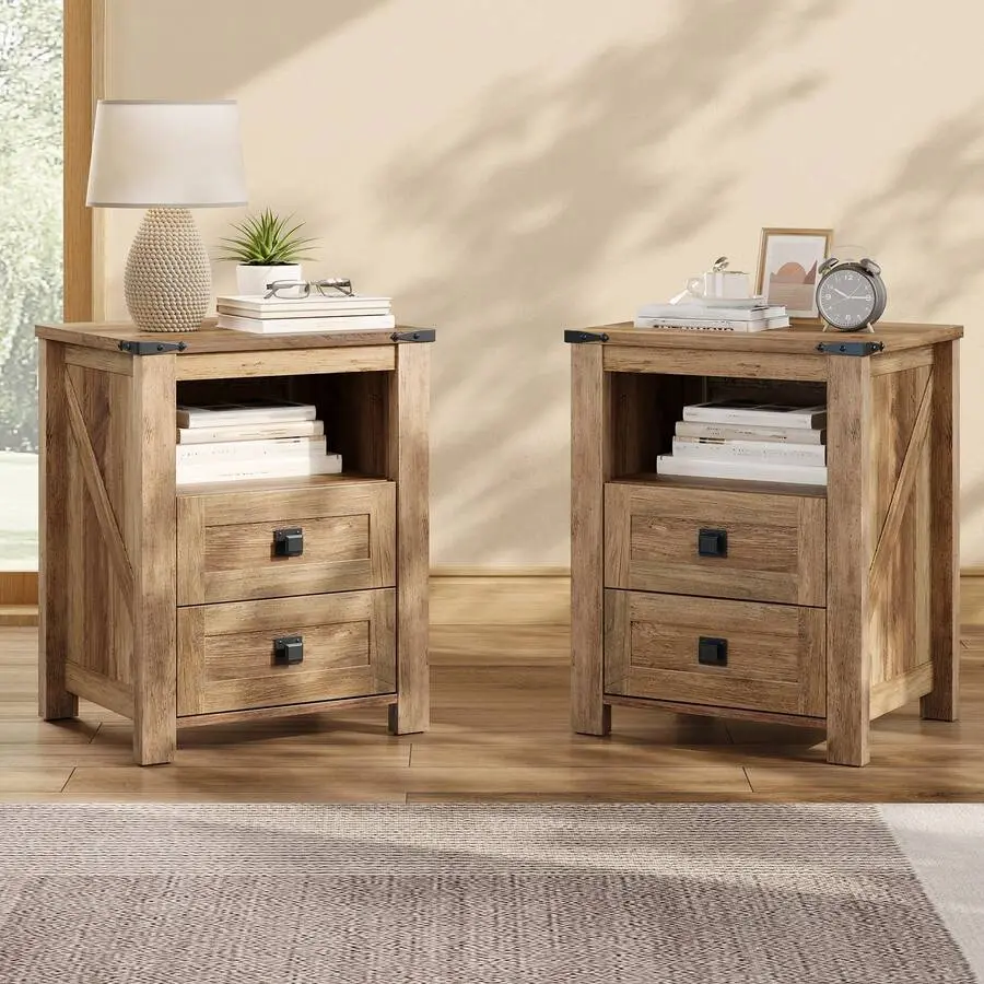Farmhouse Side Table Set Of 2 Living Room Furniture, Wooden End Tables With Drawers And Open Shelf Sofa Or Small Spaces