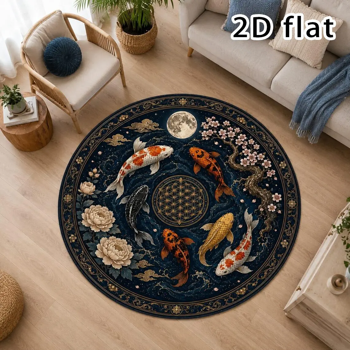 Velvet Koi Fish Round Rug, Japanese Zen Decor, Cherry Blossom Moon Carpet, Celestial Japandi Area Rug, 1pc, Soft & Durable Design