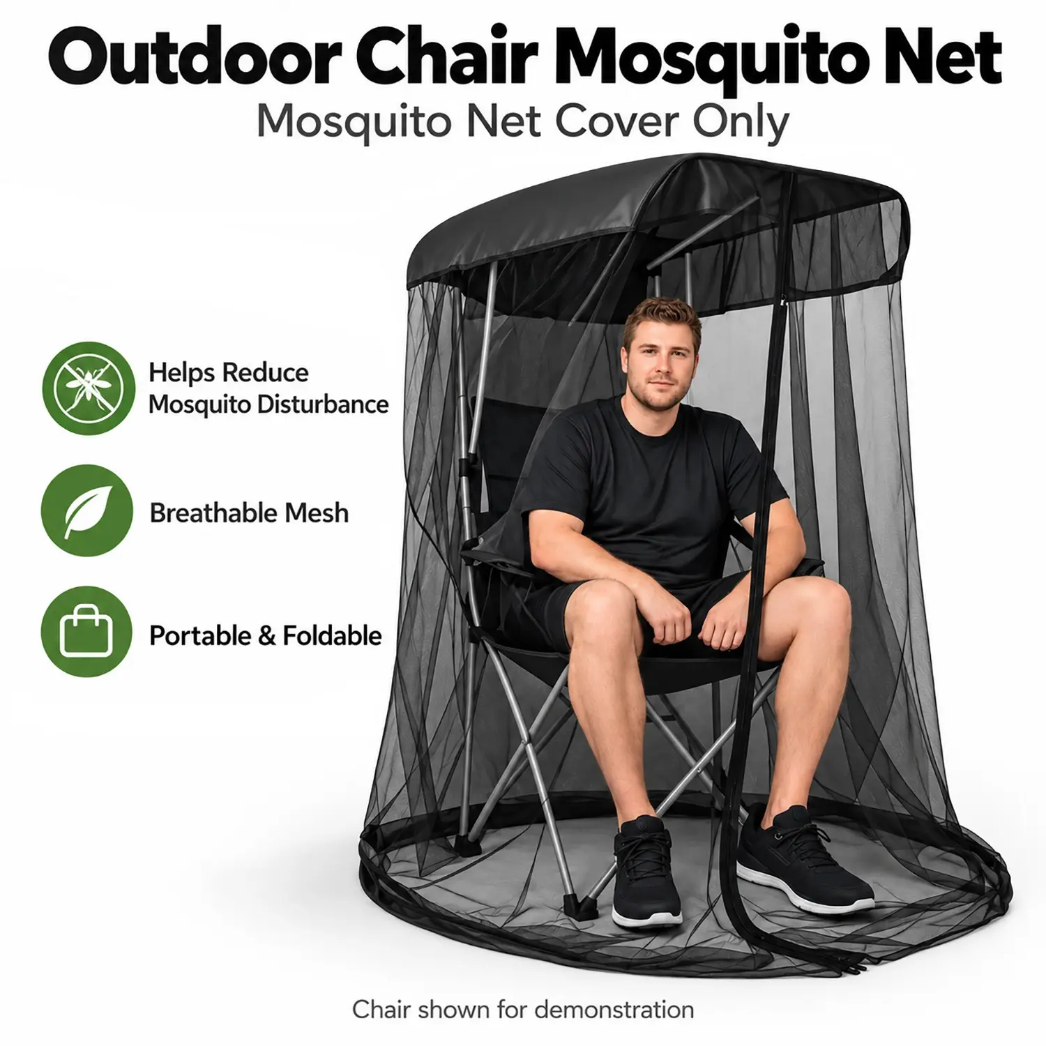 Outdoor Chair Mosquito Net Cover, Full-Enclosure Breathable Mesh Bug Net for Folding Chairs, Lightweight Portable Foldable Insect Screen for Fishing, Camping, Patio & Backyard