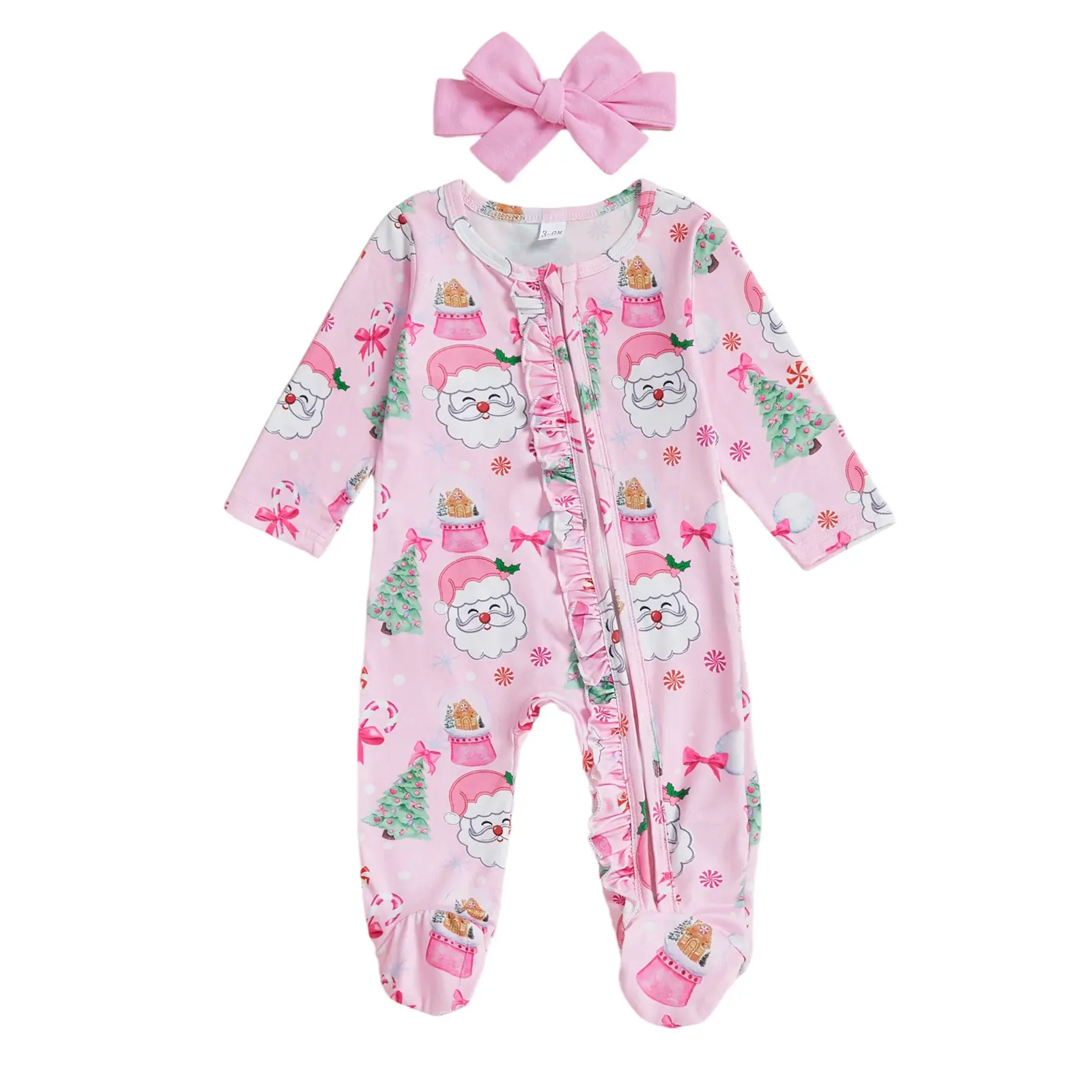 Newborn Girls Christmas Footed Romper Santa Print Ruffled Long Sleeve Zip Jumpsuit with Headband		