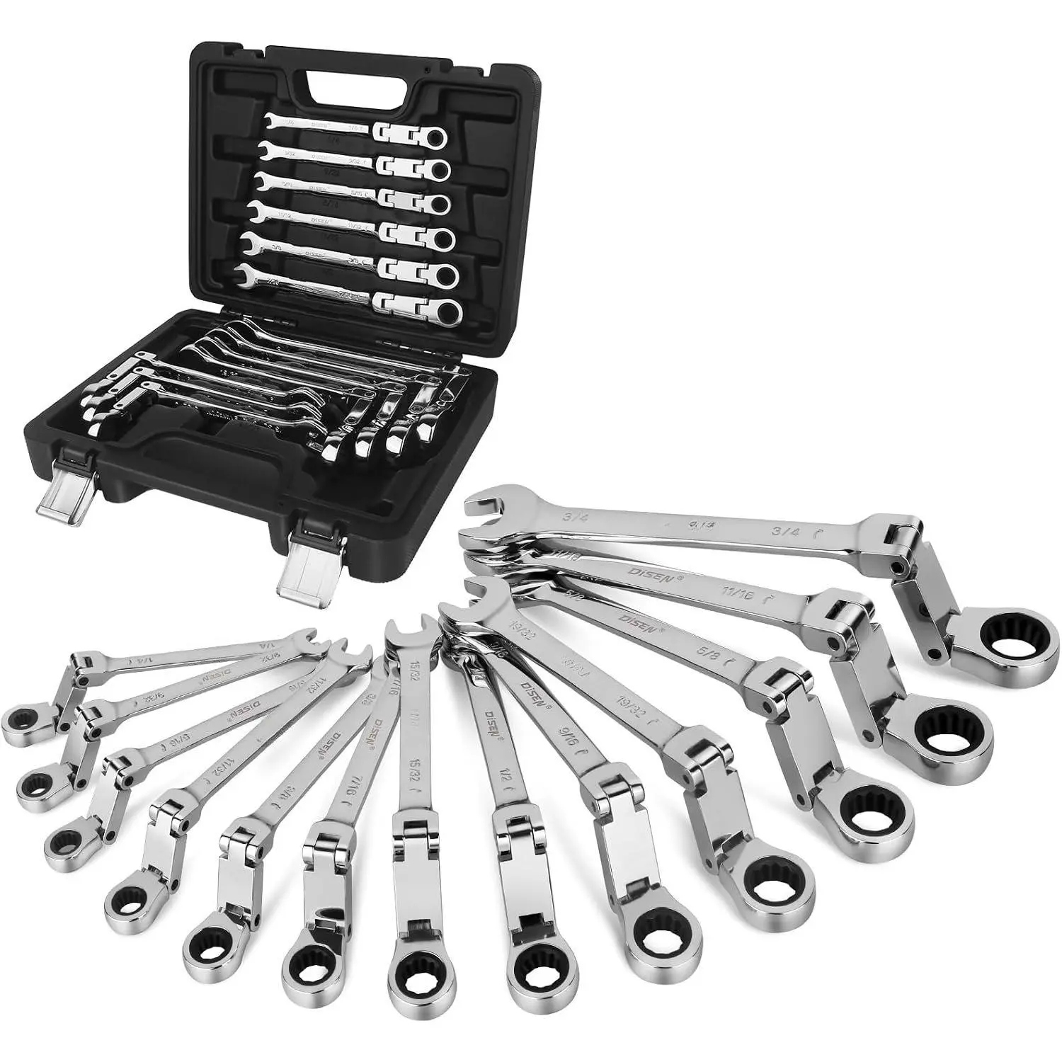 Ratchet Wrenches Set 13 count, Double Jointed Flex  Ratcheting Wrench Set, SAE 1/4'' -3/4'', Open End Long Combination Wrench Set, 72-, Cr-V Steel, with Heavy Duty Case