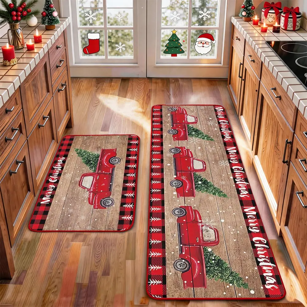 2-Piece Christmas Kitchen Mat Set,Snowman Wood Gingerbread Goblin Reindeer Christmas Tree Pattern Design, Washable Non-Slip Mats for Bathroom, Kitchen, Laundry Room, Hallway, Holiday Decor Gift，Christmas Spring Home Decor door mat