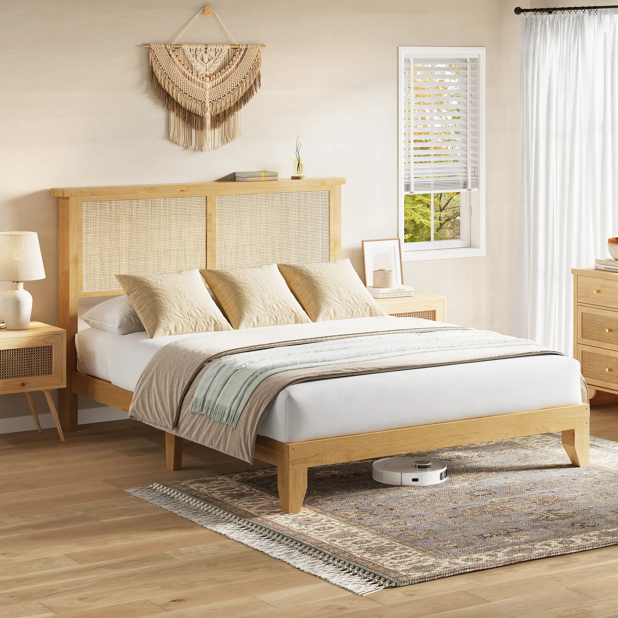 Full Size Platform Bed Frame with Natural Rattan LED Light Headboard, Spacious Under-Bed Storage Space & Sturdy Solid Wood Leg Support, Silent Noise-Free Stable Slat Base, No Box Spring Required, Modern Boho Bedroom Furniture