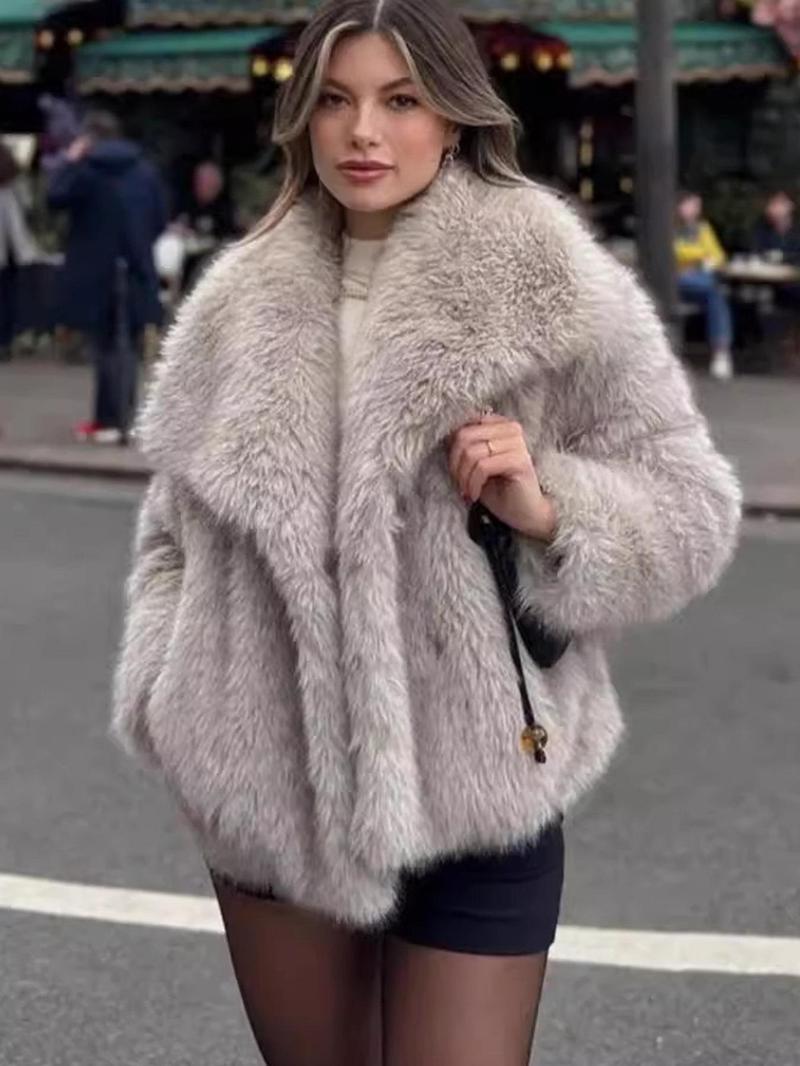 Women's Solid Color Faux Fur Jacket, Casual Long Sleeve Collared Fuzzy Coat for Fall & Winter, Women's Clothing for Daily Wear, Lady Outerwear
