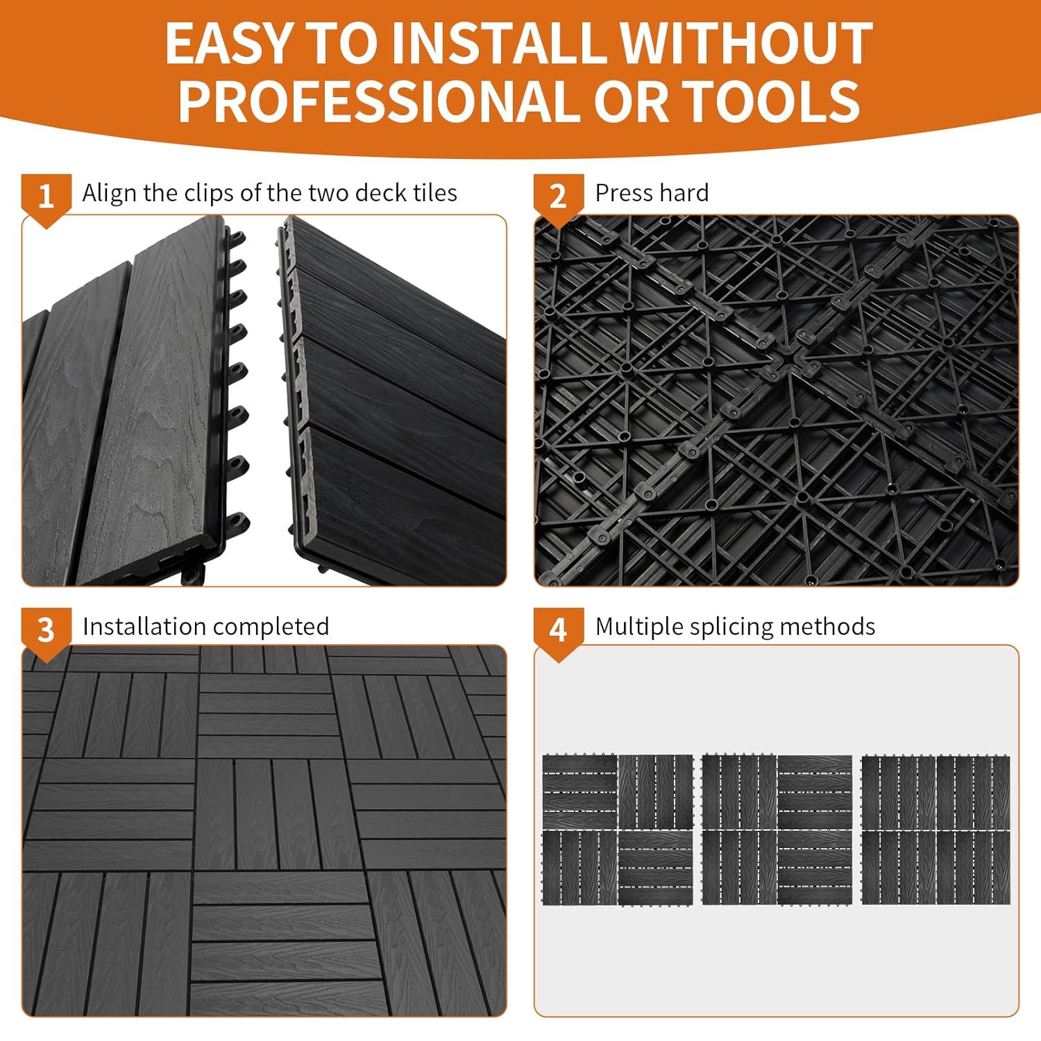 Polymer Composite Interlocking Deck Tiles Outdoor,12x12 Thick Composite Patio Floor Tiles Decking Boards for  Weather Use,, Poolside,Balcony,Patio(4Pcs,Black,4 sqft)