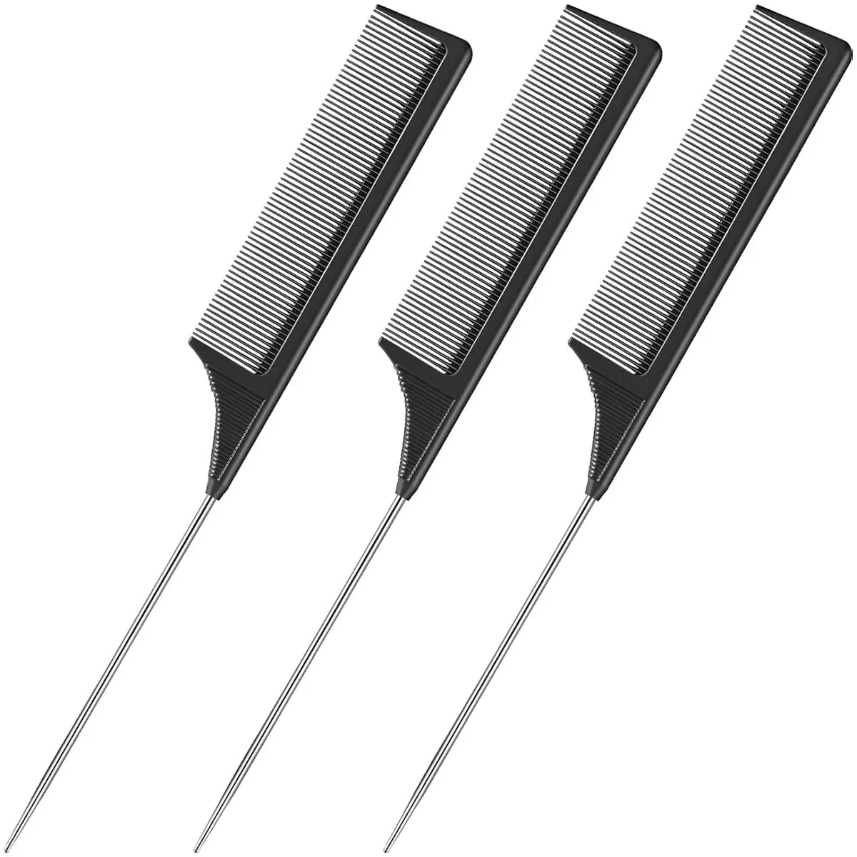 3 Packs Carbon Fiber Rat Tail Combs, Heat-Resistant Teasing & Styling Combs with Stainless Steel Pintail, Durable Hairdressing Hair Tools