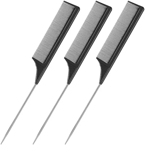 3 Packs Carbon Fiber Rat Tail Combs, Heat-Resistant Teasing & Styling Combs with Stainless Steel Pintail, Durable Hairdressing Hair Tools