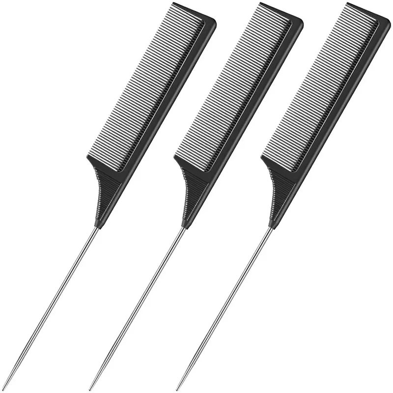 3 Packs Carbon Fiber Rat Tail Combs, Heat-Resistant Teasing & Styling Combs with Stainless Steel Pintail, Durable Hairdressing Hair Tools