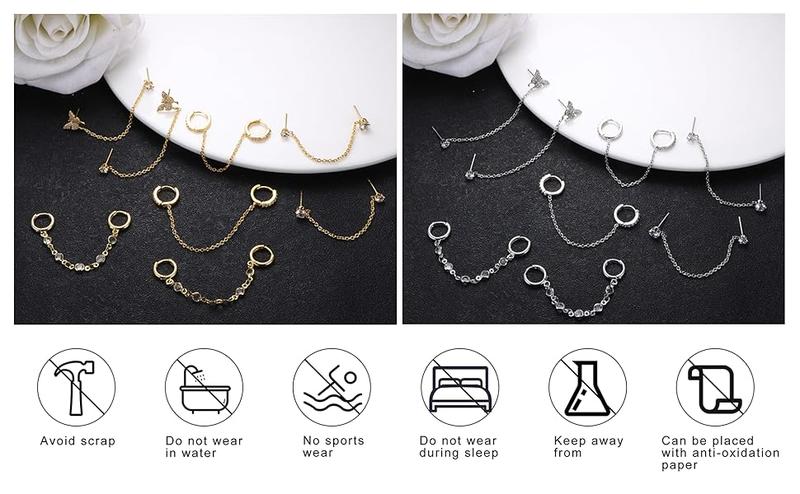 THUNARAZ 4 Pairs Trendy Double Piercing Butterfly Chain Earrings for Women Dangle Hoop Earrings Sparkled CZ Chain Hoop Cartilage Studs Earrings Set As Birthday Gifts for Best Friends Mother Trendy Style for Daily Outings Travel Christmas Gift
