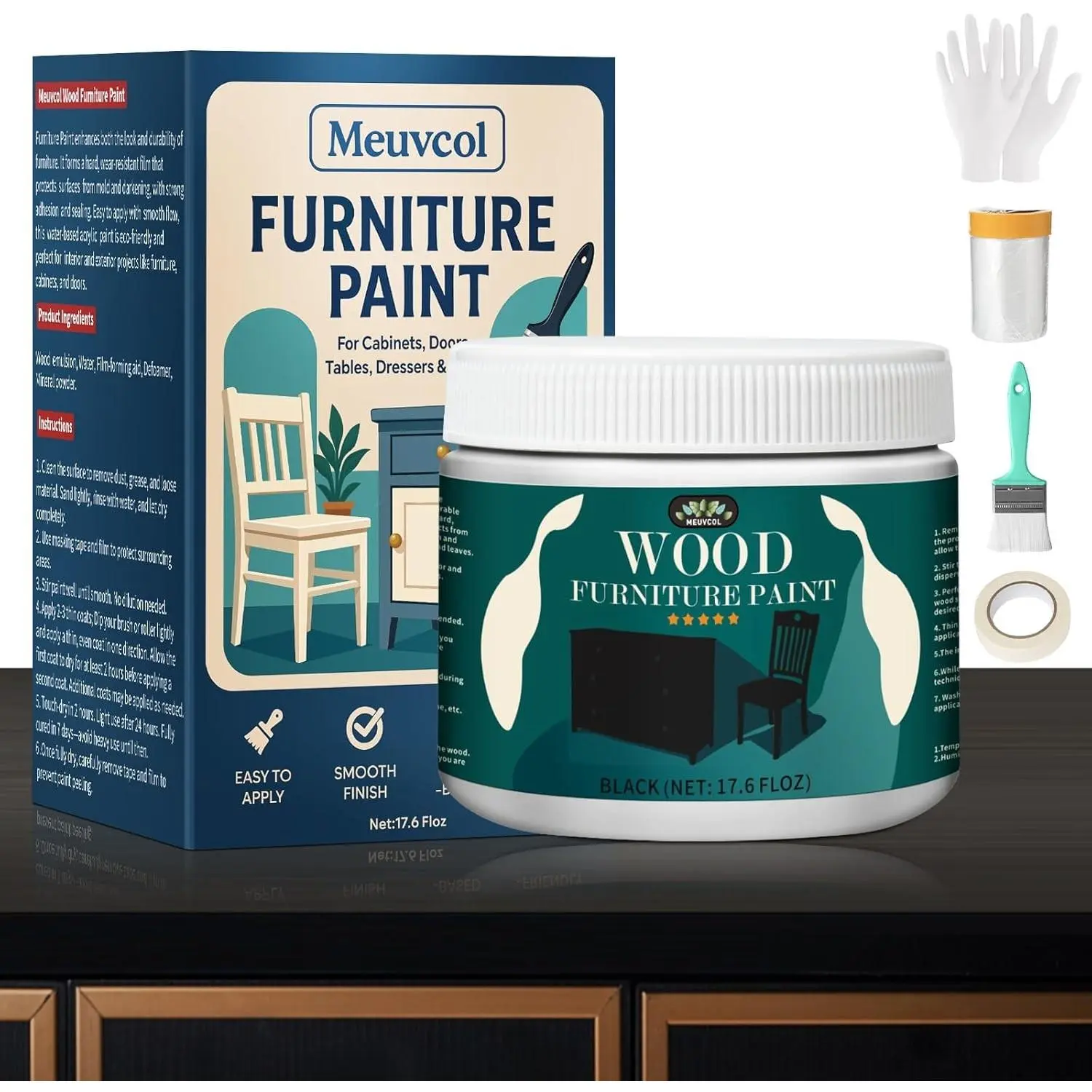 Black Matte Water-Based Furniture Paint, 17.6 Oz, No Sanding Required, Easy Apply, Low Odor, Durable for Wood Cabinets, Tables