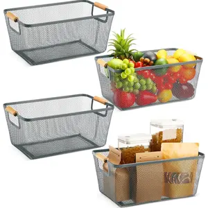 4 count Metal Mesh Wire Baskets with Wooden Handles for Organizing, Pantry Organizers and Storage Steel Bin Kitchen Baskets for Fruit  Onion Snacks Bathroom Cabinet(Large,Dark Gray)