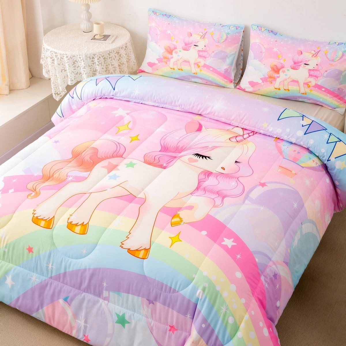 Unicorn Comforter Set,Rainbow Cartoon Unicorn Bedding Set,Pink Kawaii Cute Reversible Stars Comforter,Cozy Soft All Season Duvet Set with Pillowcase Colorful Fuzzy Blanket Lightweight Blanket