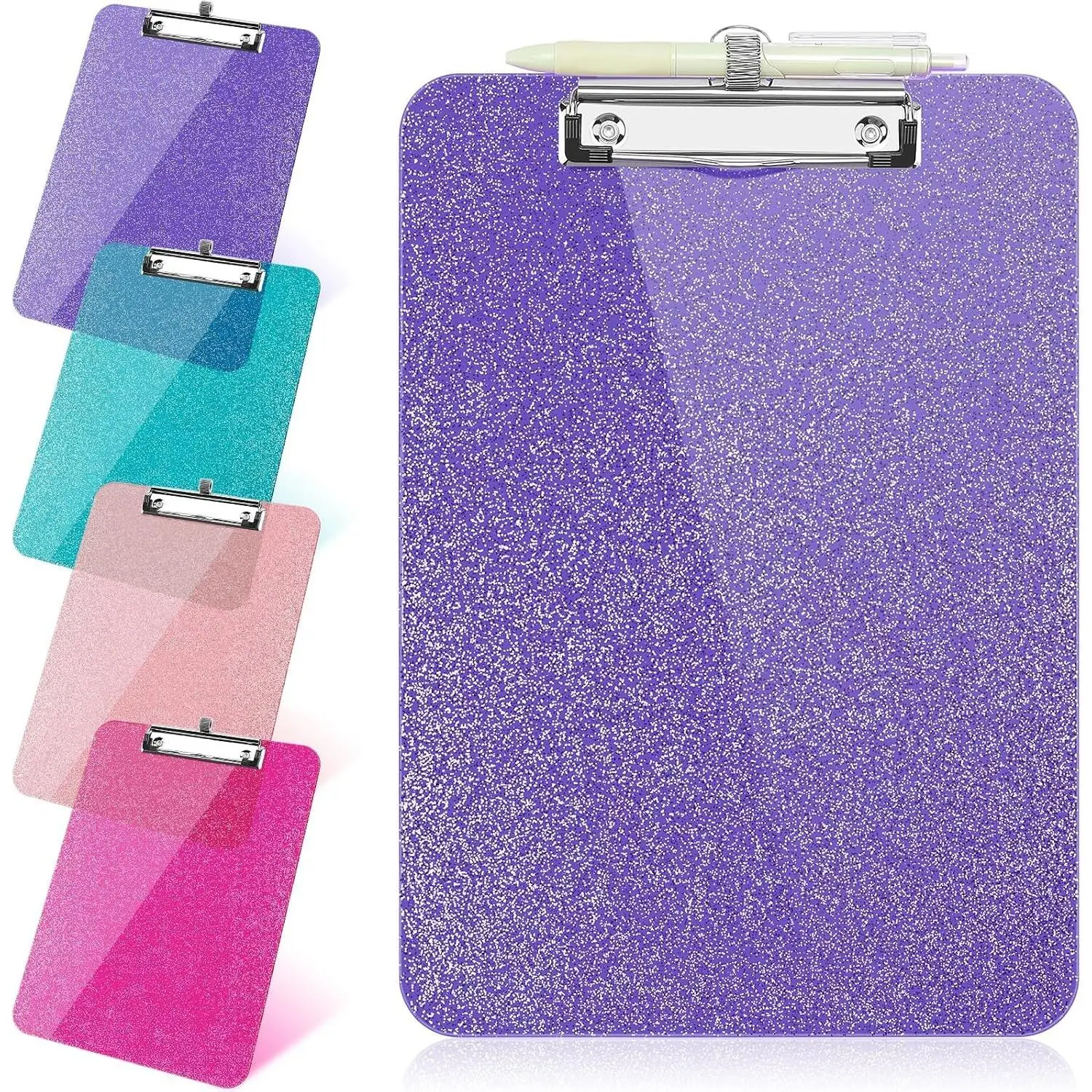 Clear Glitter Clipboard with Pen Holder, 8.85 x 12.4 Inch Shiny Plastic Clipboard with Low Profile Clip, Cute Hanging Clipboard for Office School, Purple