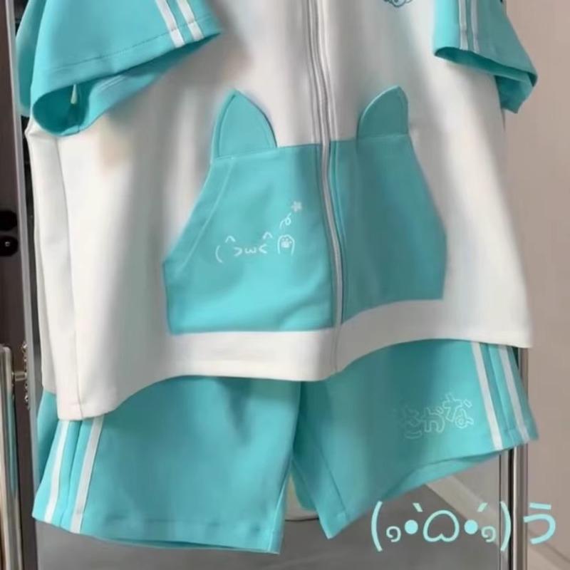 Hatsune Miku Hooded Short Sleeve Tracksuit Cat Ears Cartoon Hatsune Miku Drawstring Shorts Girls Holiday Gifts Casual Fashion