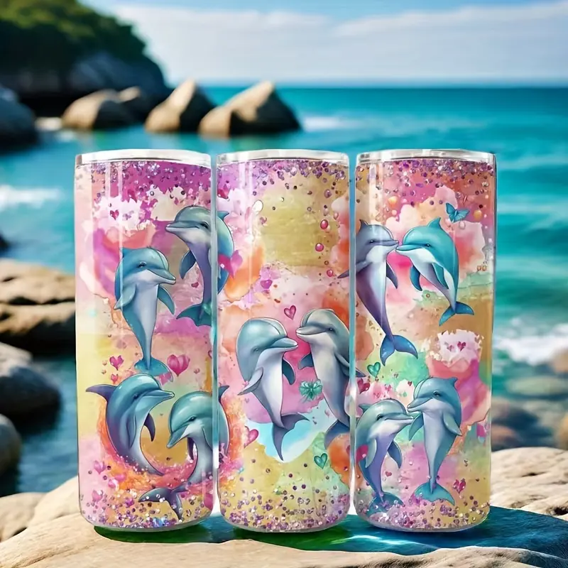 1 pc 600ml 20oz Heart-Shaped Dolphin Glitter Print Straight Insulated Cup, Double-Layer Vacuum Stainless Steel Portable Coffee Cup with Lid, Suitable for Home, Travel, Outdoor, Valentine's Day Gift for Classmates, Friends, Daughter, Girlfriend, Wife