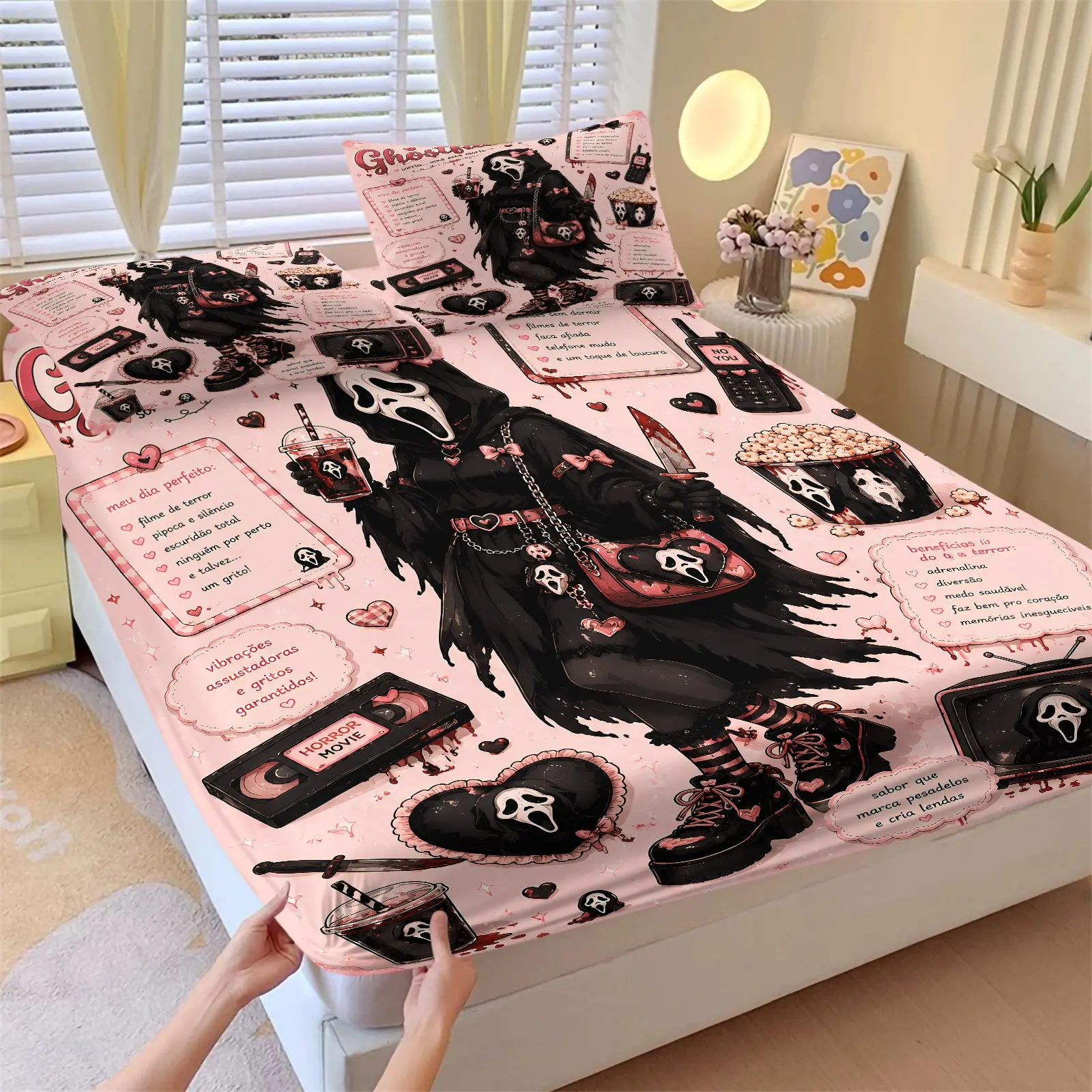 3PCS Pink Sweet Gothic Ghostface Fitted Sheet Set (1 Fitted Sheet+2 Pillowcases), Ultra Soft Breathable Skin Friendly Fabric, Stretch Deep Pocket, Vivid HD Digital Print, Bedroom Decor Accessories, Spooky Room Decor for Halloween