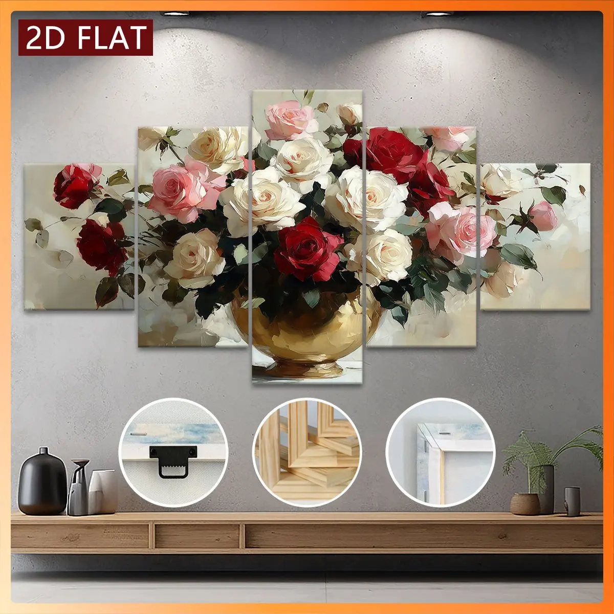 2D Flat Painting Set, Consisting Of 5 Pieces. Wooden Frame Canvas Artworks, Depicting A Beautiful Bouquet Of Roses In A Golden Vase. Fashion Posters For Valentine'S Day, Christmas And New Year Gifts. Home Decoration Artworks, Wall Decorations