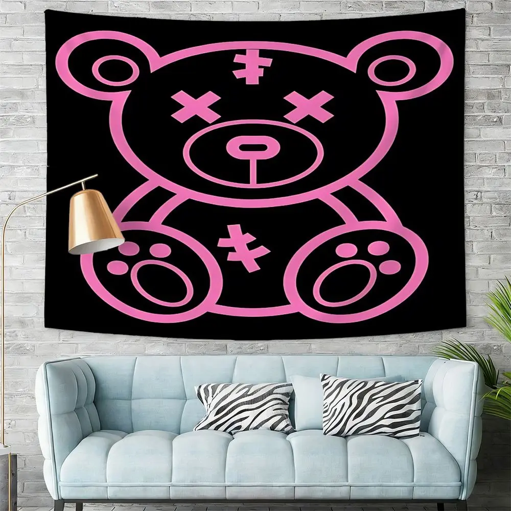 Cute Pink Bear Outline Tapestry, Adorable Digital Print Wall Hanging, Perfect Home Decor for Kids' Rooms, Soft and Playful Aesthetic Wall Tapestry, Great Gift for Teddy Bear Lovers, Stylish Bedroom and Living Space Decor