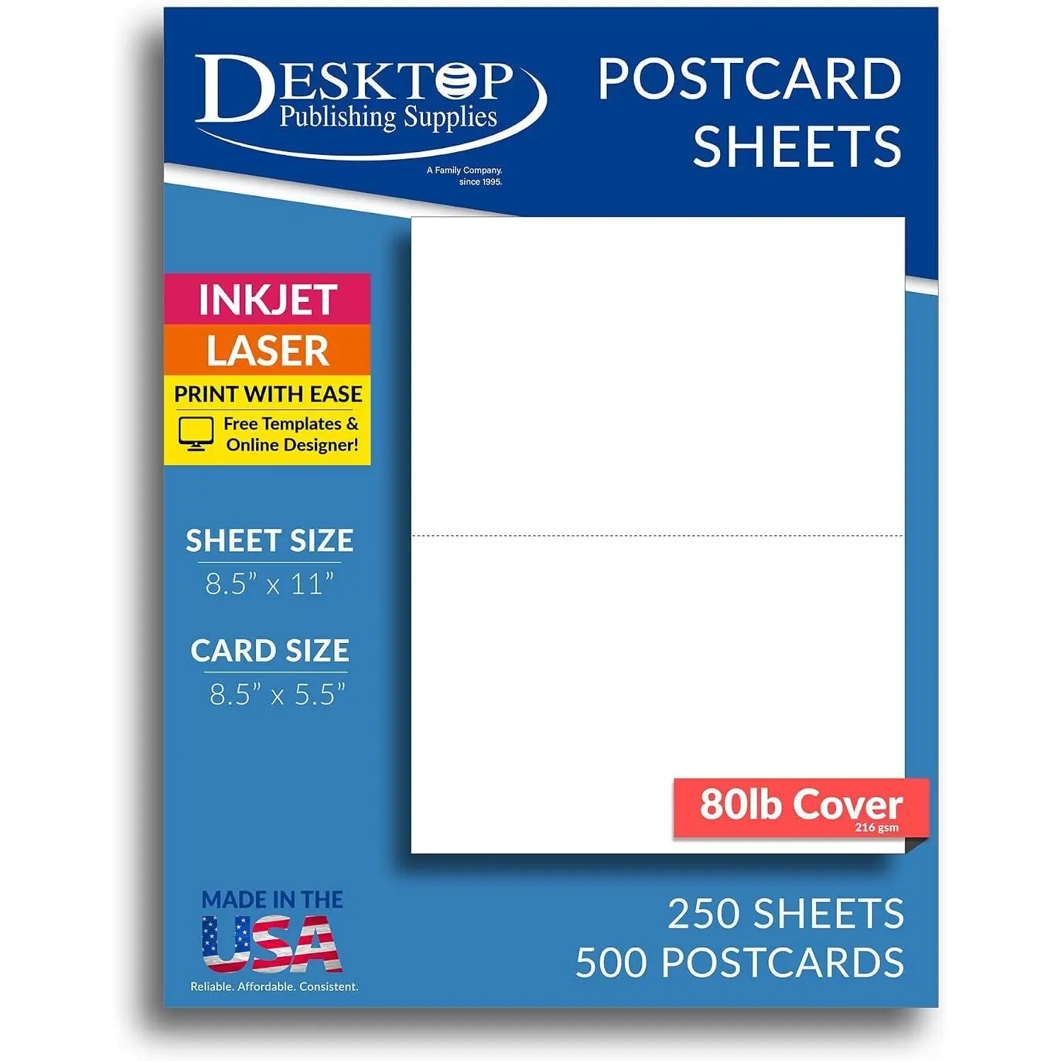 500 Blank White Perforated Cardstock Postcards - 8.5" x 11" Jumbo Postcard Paper 2 Per Sheet 5.5" x 8.5" - 250 Sheets, 80lb Cover (218 GSM), 2-Up Postcards for Printing, Marketing, Direct Mail, Events