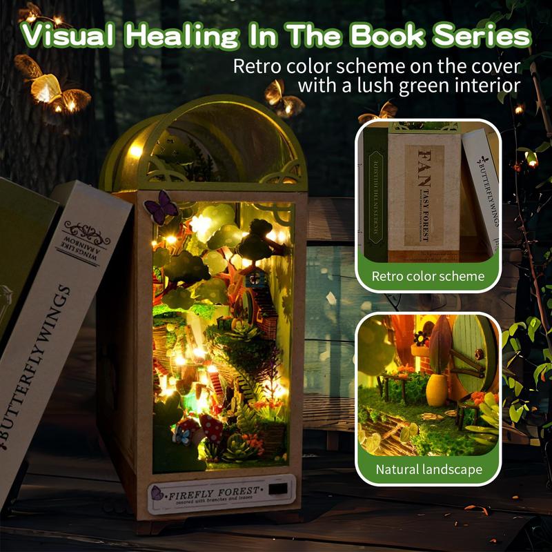 DIY Country Style Wooden Book Nook Kit with LED Light, 1 Set 3D Wooden Puzzle, 3D Desktop Decoration Ornament, DIY Model Kit for Bookshelf Decoration