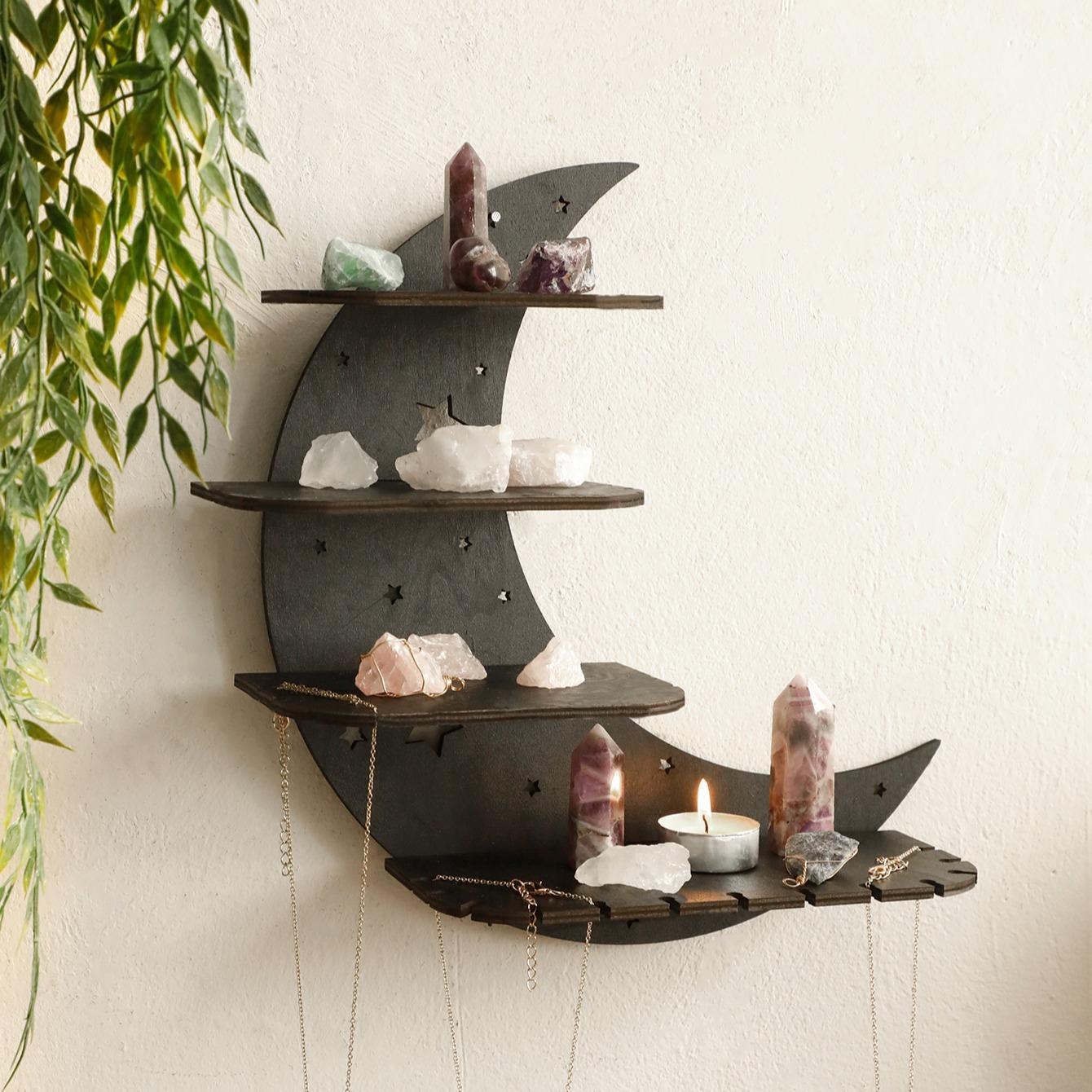 Moon Shaped Wall Mounted Shelf, 1 Count Wooden Wall Hanging Storage Rack, Wall Mounted Holder, Wall Mount Design, Wall Decor for Home Interior Living Room Bedroom, Home Decor, Decorations Supplies