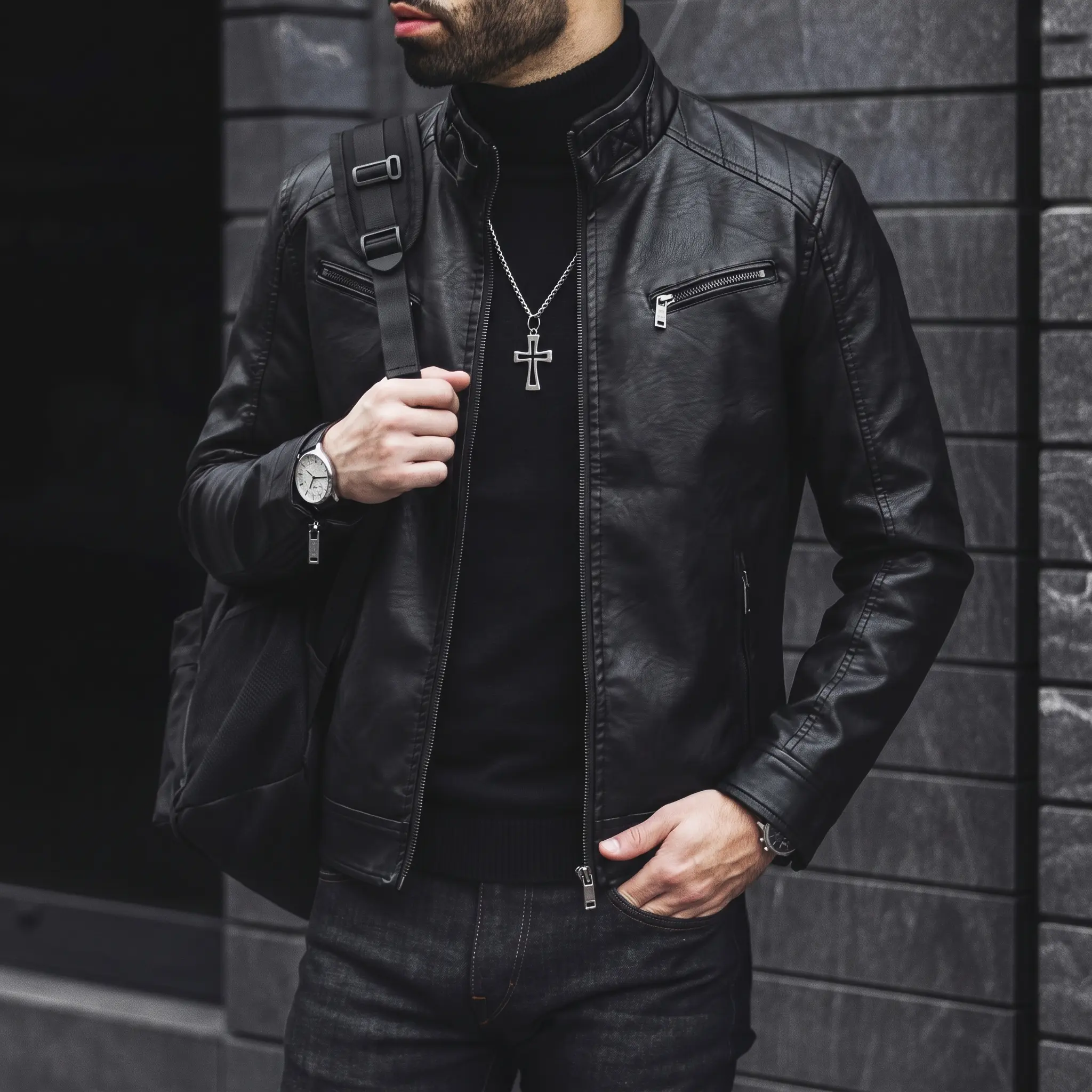 Men's Casual Faux Leather Collared Jacket - Stand Collar, Long Sleeves, Full Zipper Closure, Stylish Everyday Outerwear,Racer Jacket