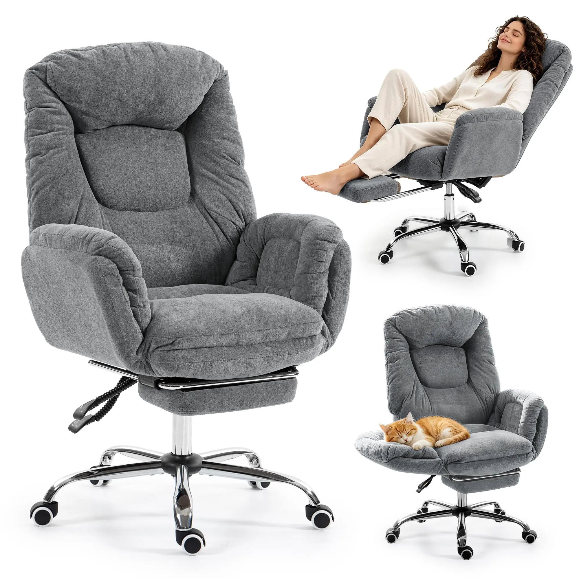 Criss Cross Ergonomic Office Chair with Footrest, Big and Tall Executive Office Chair with 3-Level Adjustable Armrests High Back Adjustable Gaming Chair with Wheels for Home Office, Light Grey