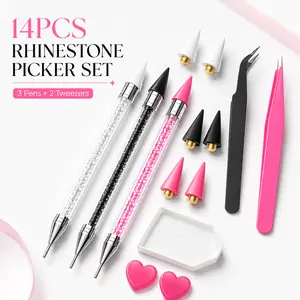 14Pcs Rhinestone Picker Tool Set, Nail Art Gem & Crystal Picker Kit with Dual Head Wax Pens and Tweezers for Nail Decoration & DIY Design