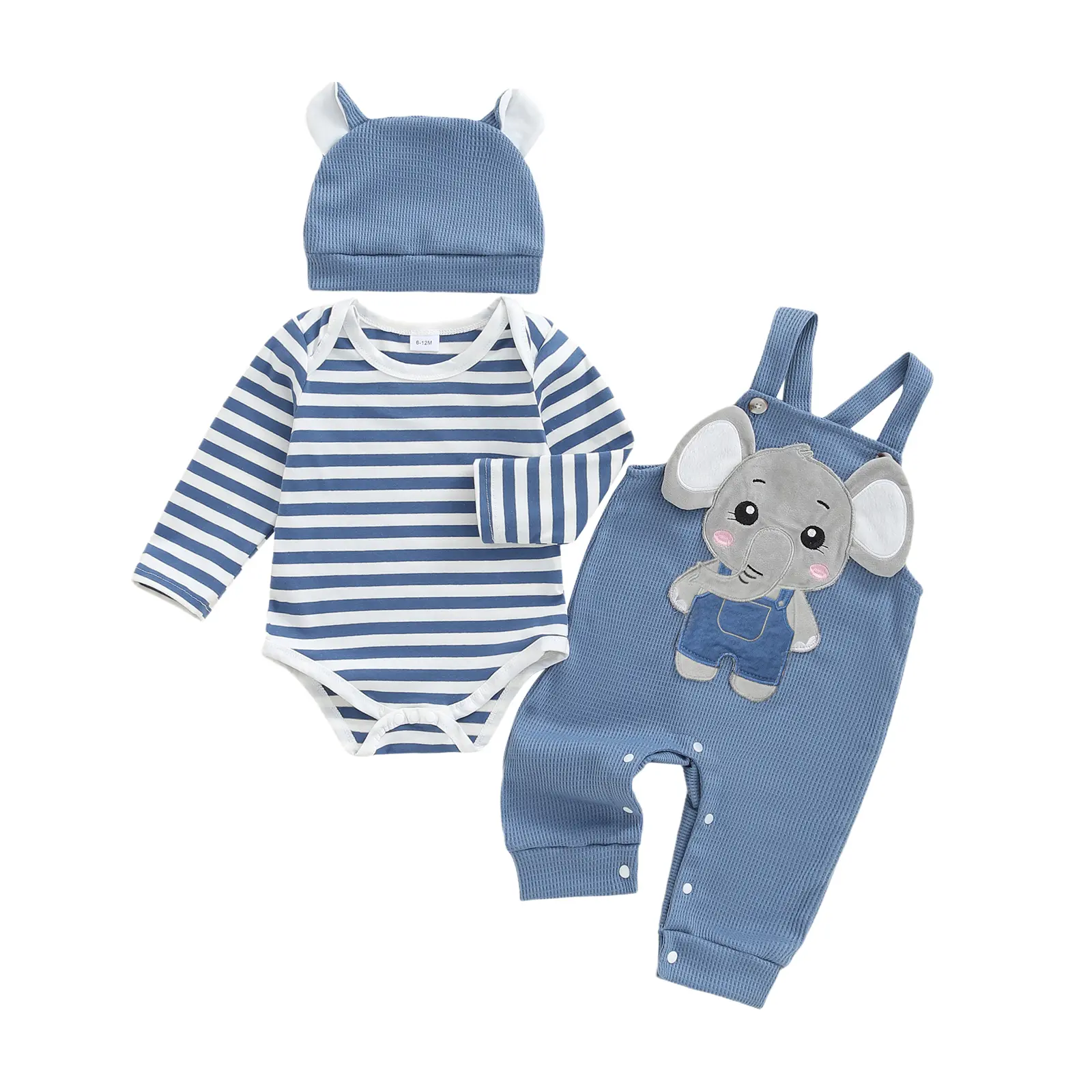 Baby Boy's Clothing Sets Fashionable Long Sleeve Striped Romper with Embroidered Overalls and Hat 3Pcs Outfits