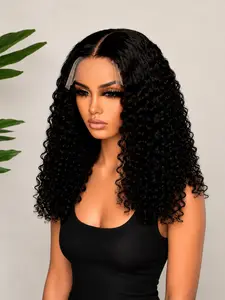 [Jusong KIein] High-density wool perm short bob wig with lace front, no glue, ready to use, deep wavy curls, wet hair wave 6x4 wig, women's style, high crown to make the face look smaller | natural black center parted curls, natural hairline