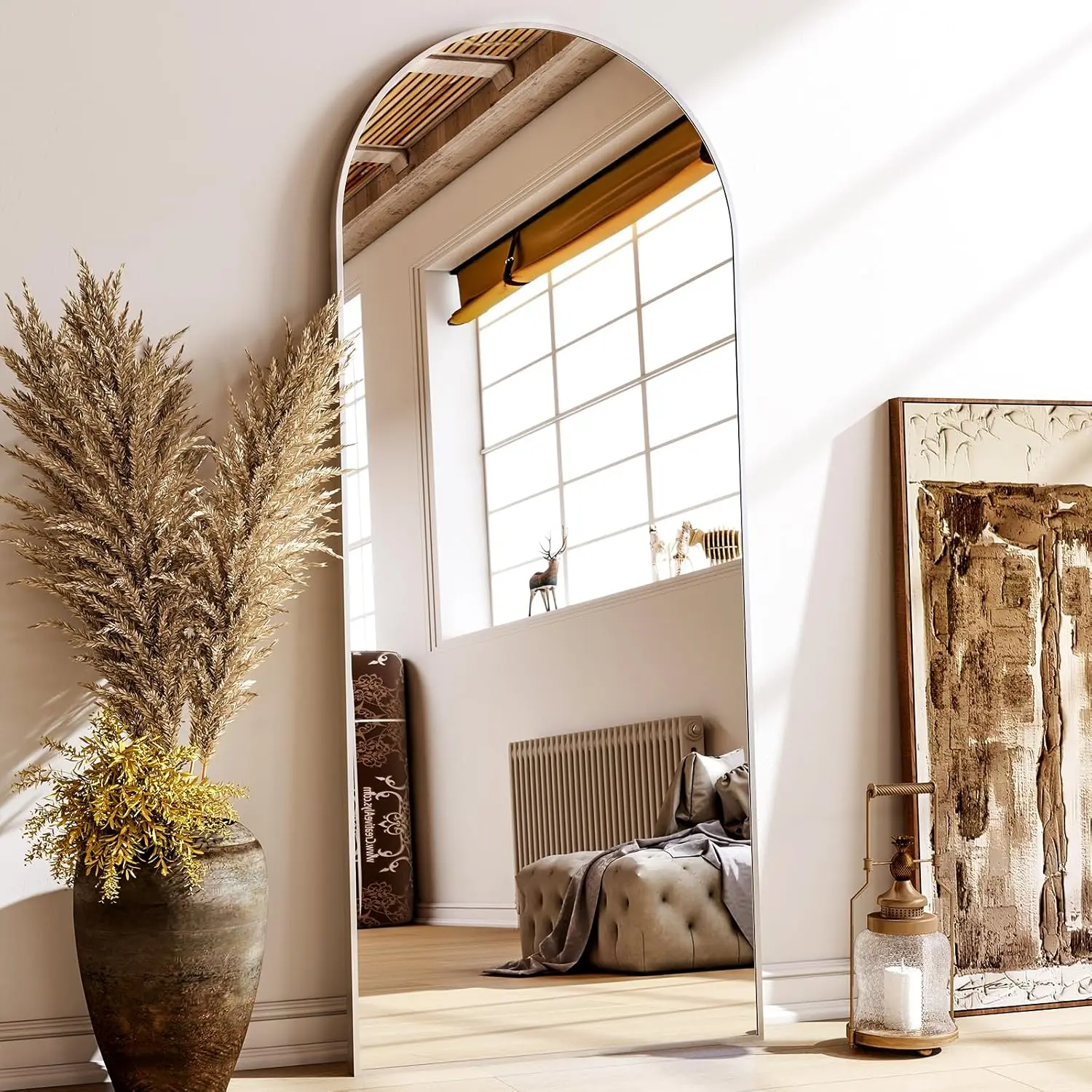 56"x21" Floor Full Length Mirror Standing Full  Rounded Corner Rectangle Mirrors with Stand  Wall Mounted Leaning Bedroom Living Room Bedroom Cloakroom