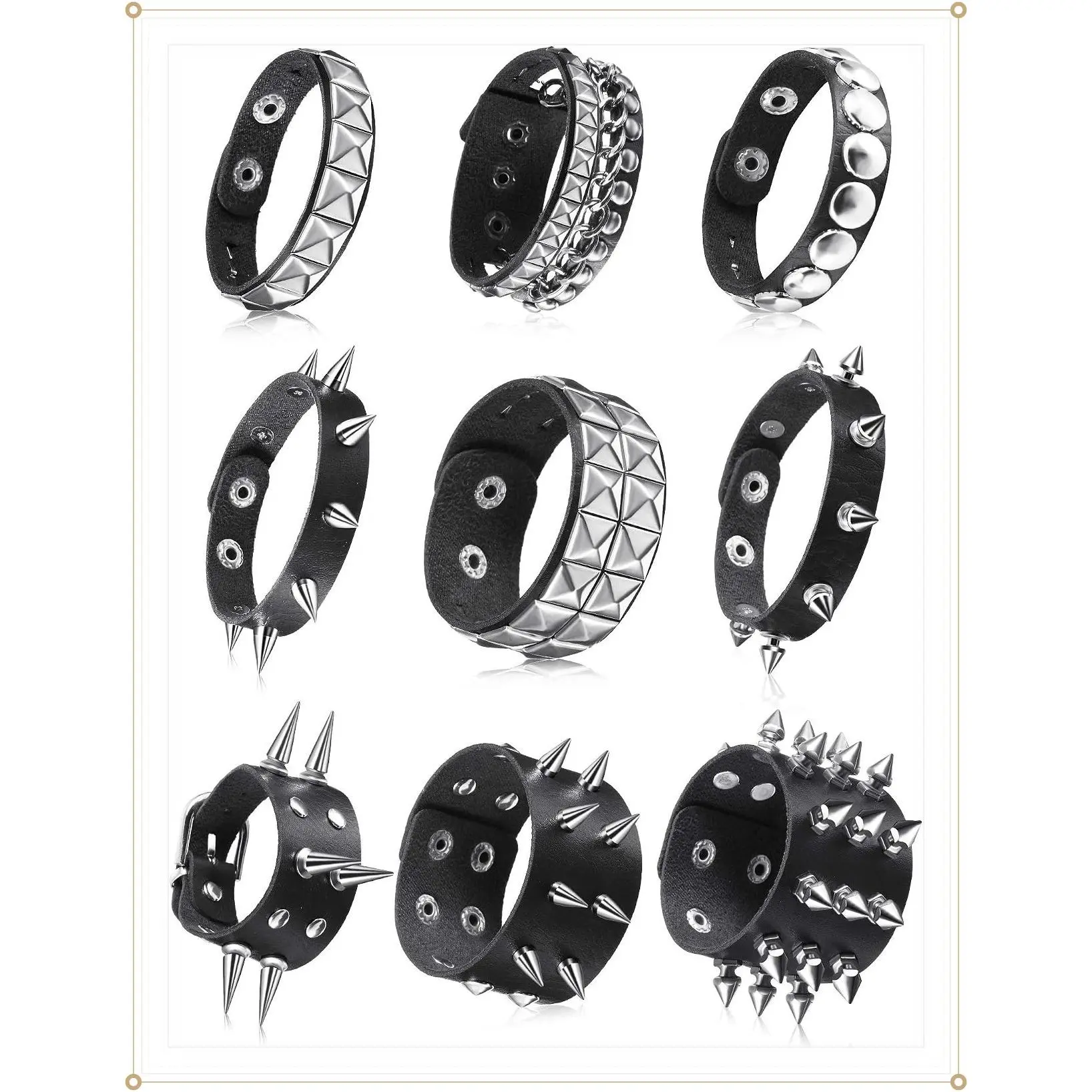 9 Pcs Spiked Studded Bracelet | Emo Punk Leather Rivet Bangle, Y2k Goth Adjustable Cuff Wrap Wristband, for Rock ConcertGift