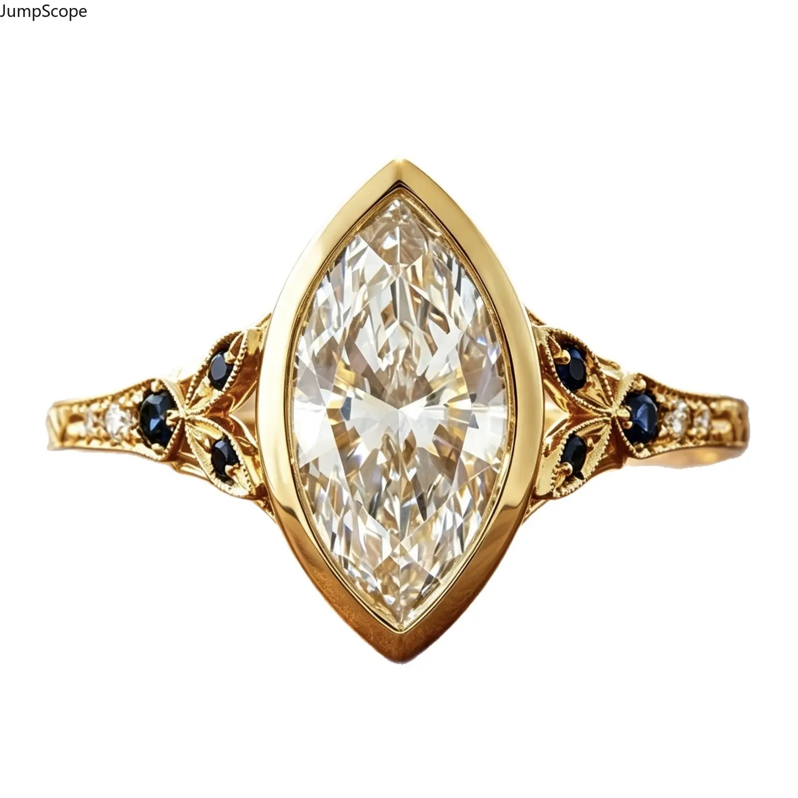 Gold Plated Bezel Set Marquise Cubic Zirconia Ring, Filigree Blue Crystal Victorian Band, Elegant Vintage Women Statement Finger Jewelry